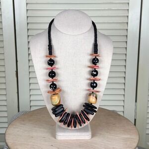 Vintage Black Coral Wood Disc Statement Necklace Tribal Boho 80s Artisan Jewelry